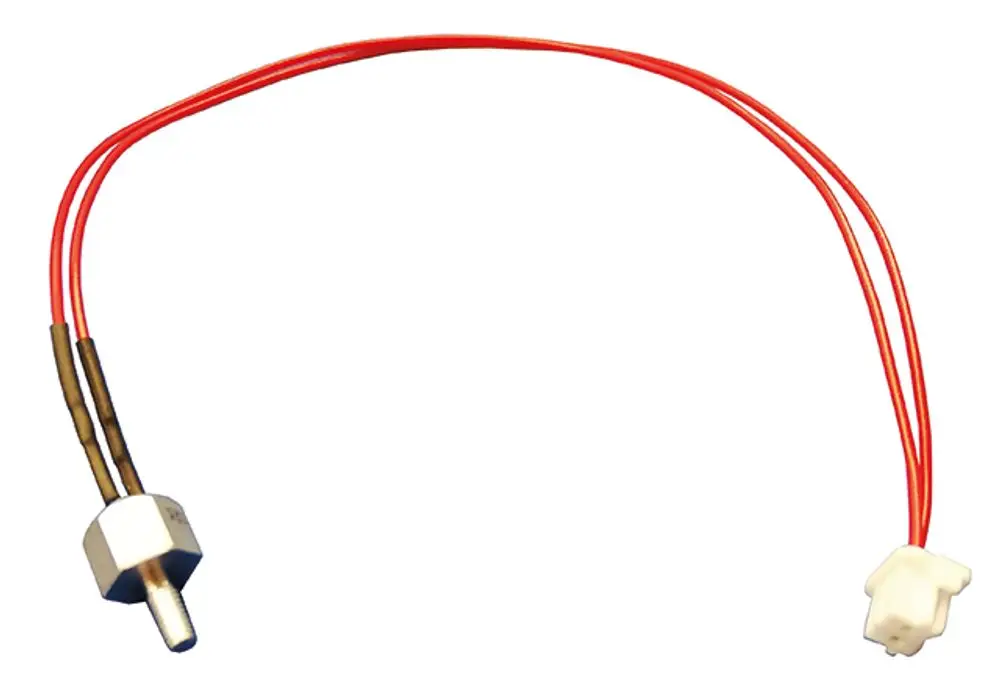 Temperatursensor von Syr mit einer metallischen Basis und zwei roten Drähten. Verbinder auf der rechten Seite.